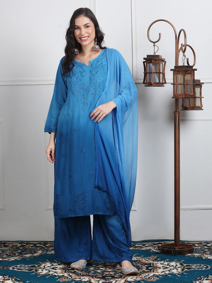 Blue Ombre Handcrafted Lucknow Chikankari Rayon 3-Piece Set Plus Sizes
