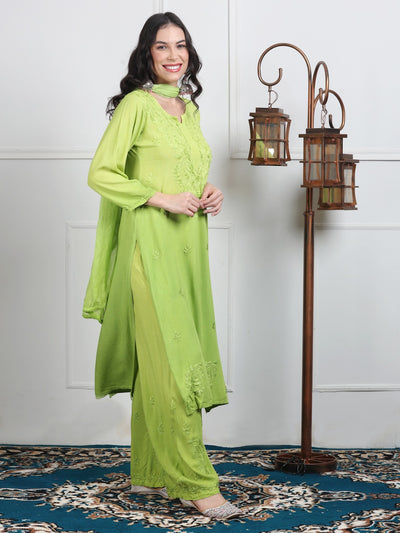 Lime Green Ombre Handcrafted Lucknow Chikankari Rayon 3-Piece Set Plus Sizes