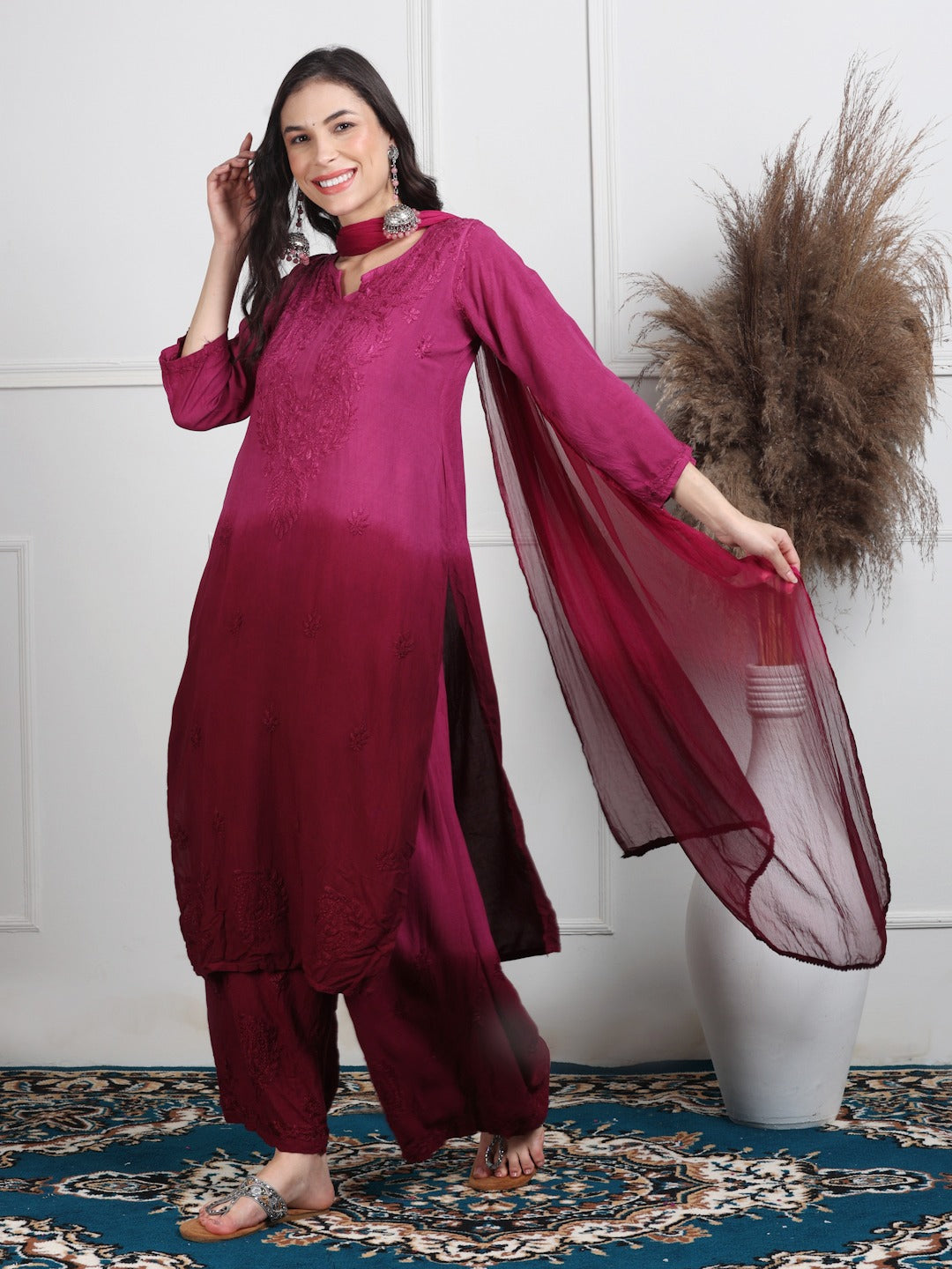 Wine Ombre Handcrafted Lucknow Chikankari Rayon 3-Piece Set Plus Sizes