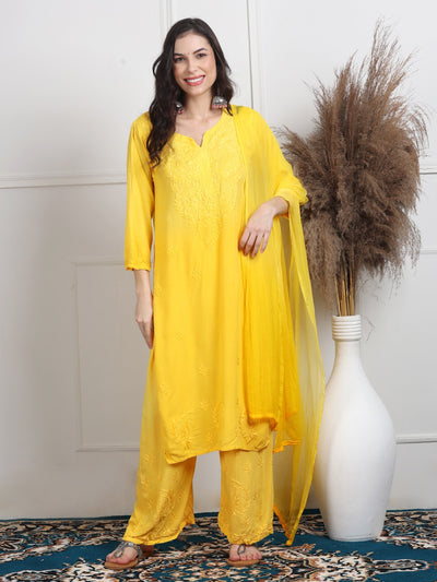Yellow Ombre Handcrafted Lucknow Chikankari Rayon 3-Piece Set Plus Sizes