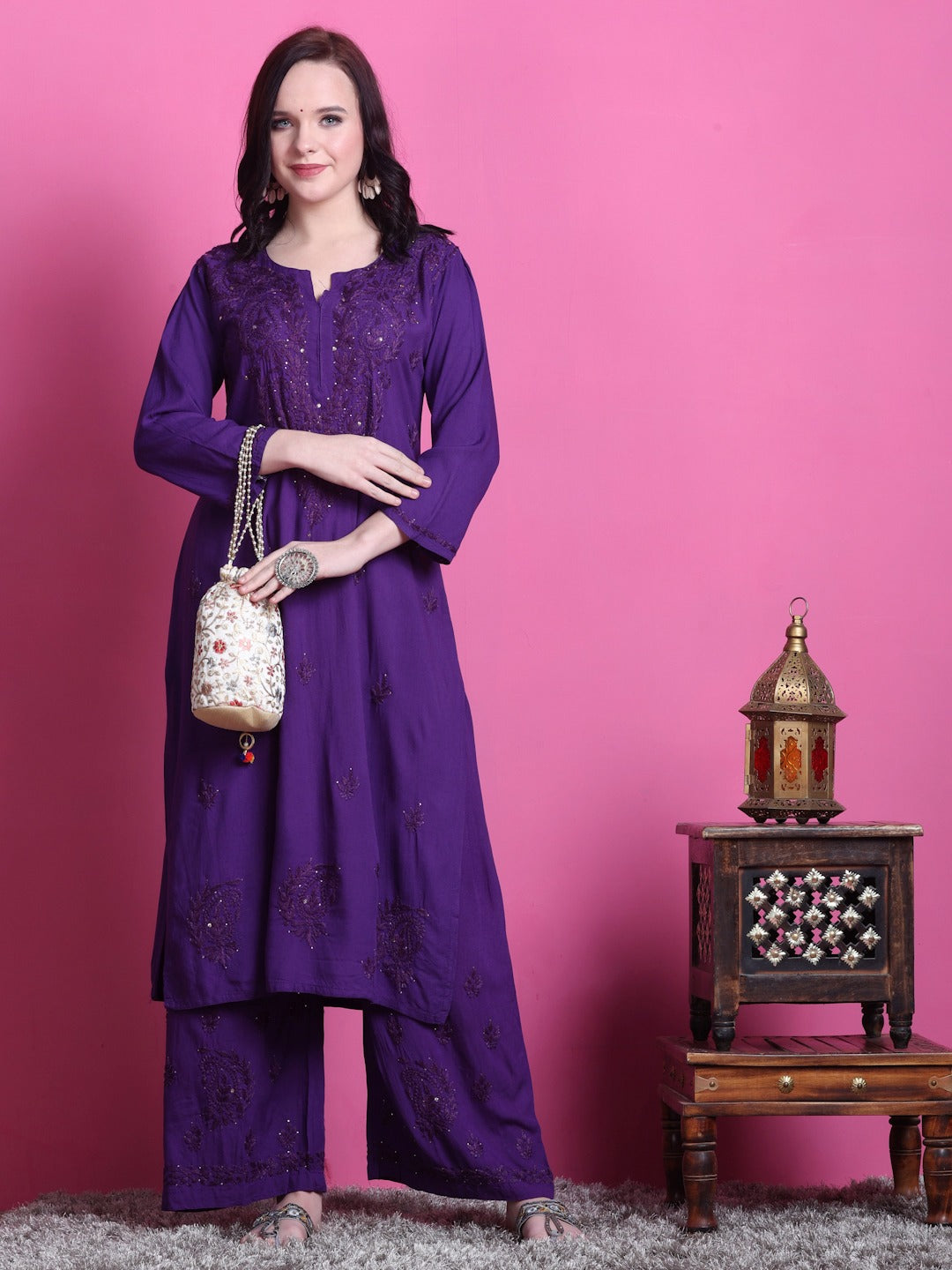 Deep Purple Handcrafted Lucknowi Chikankari & Mukaish Work Rayon Set