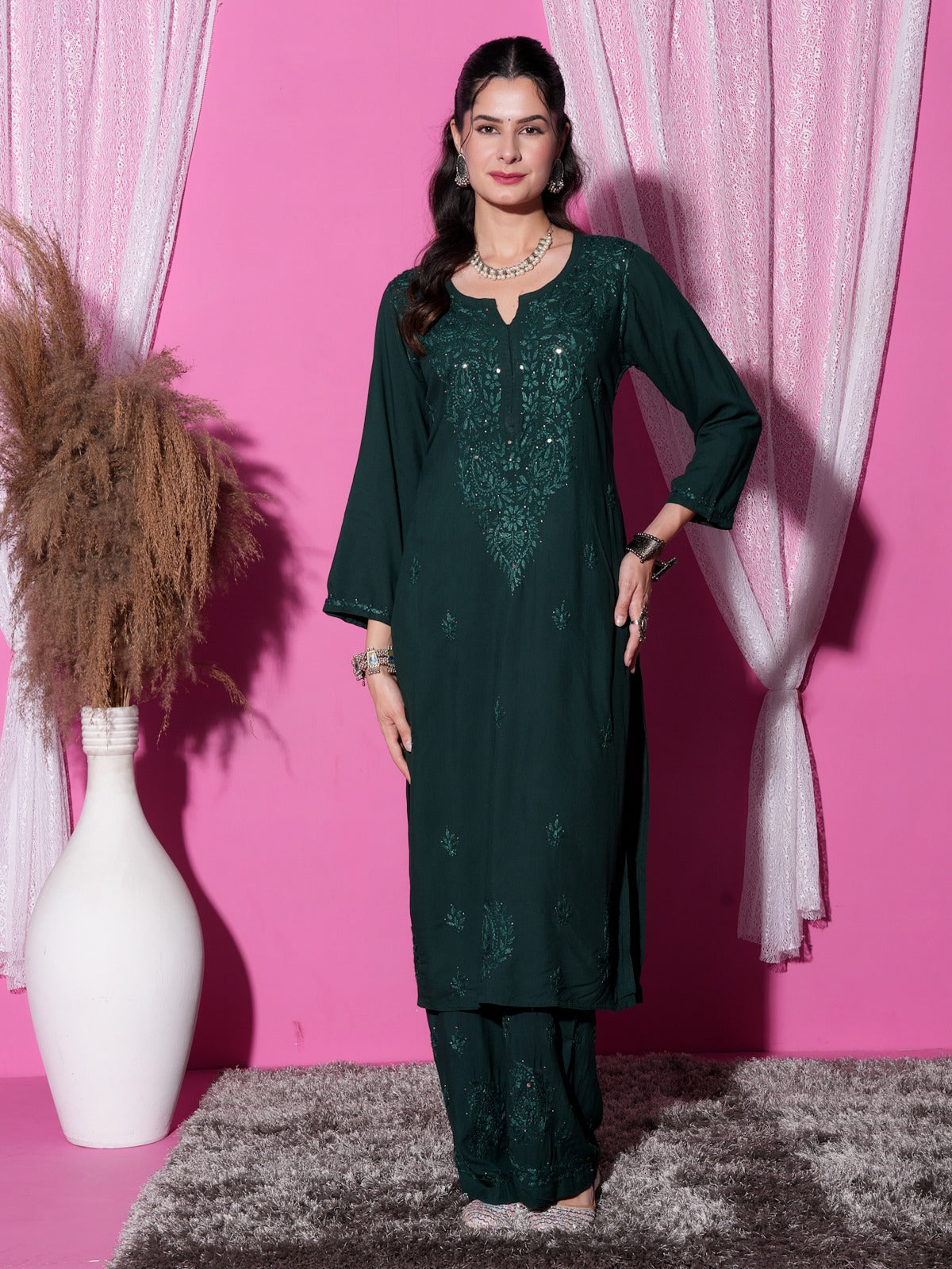 Dark Green Handcrafted Lucknowi Chikankari & Mukaish Work Rayon Set