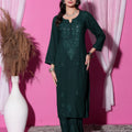 Dark Green Handcrafted Lucknowi Chikankari & Mukaish Work Rayon Set