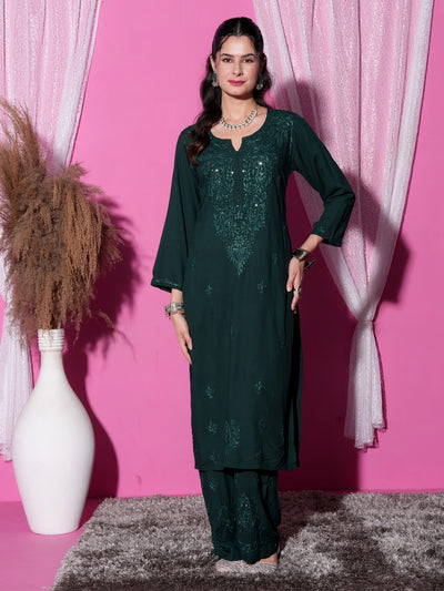 Dark Green Handcrafted Lucknowi Chikankari & Mukaish Work Rayon Set