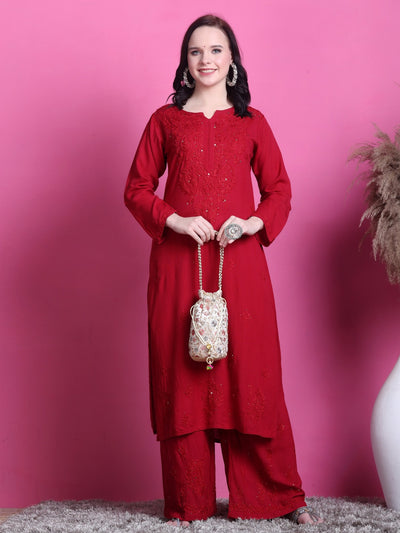 Red Handcrafted Lucknowi Chikankari & Mukaish Work Rayon Set