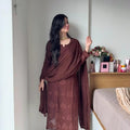 Party Wear Brown Viscose Chikankari Kurti Set with 3D Handwork Inner included