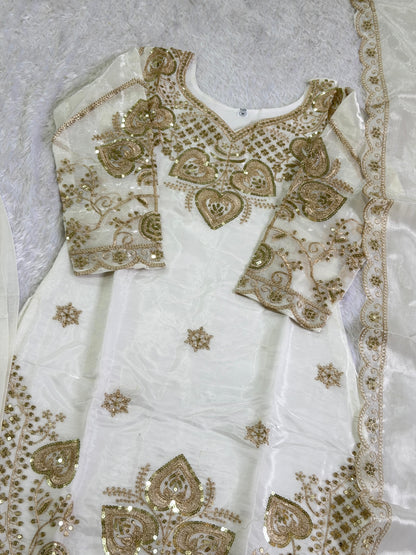 Elegant White Sequin Embroidered Silk Eid Special 3-Piece Set
