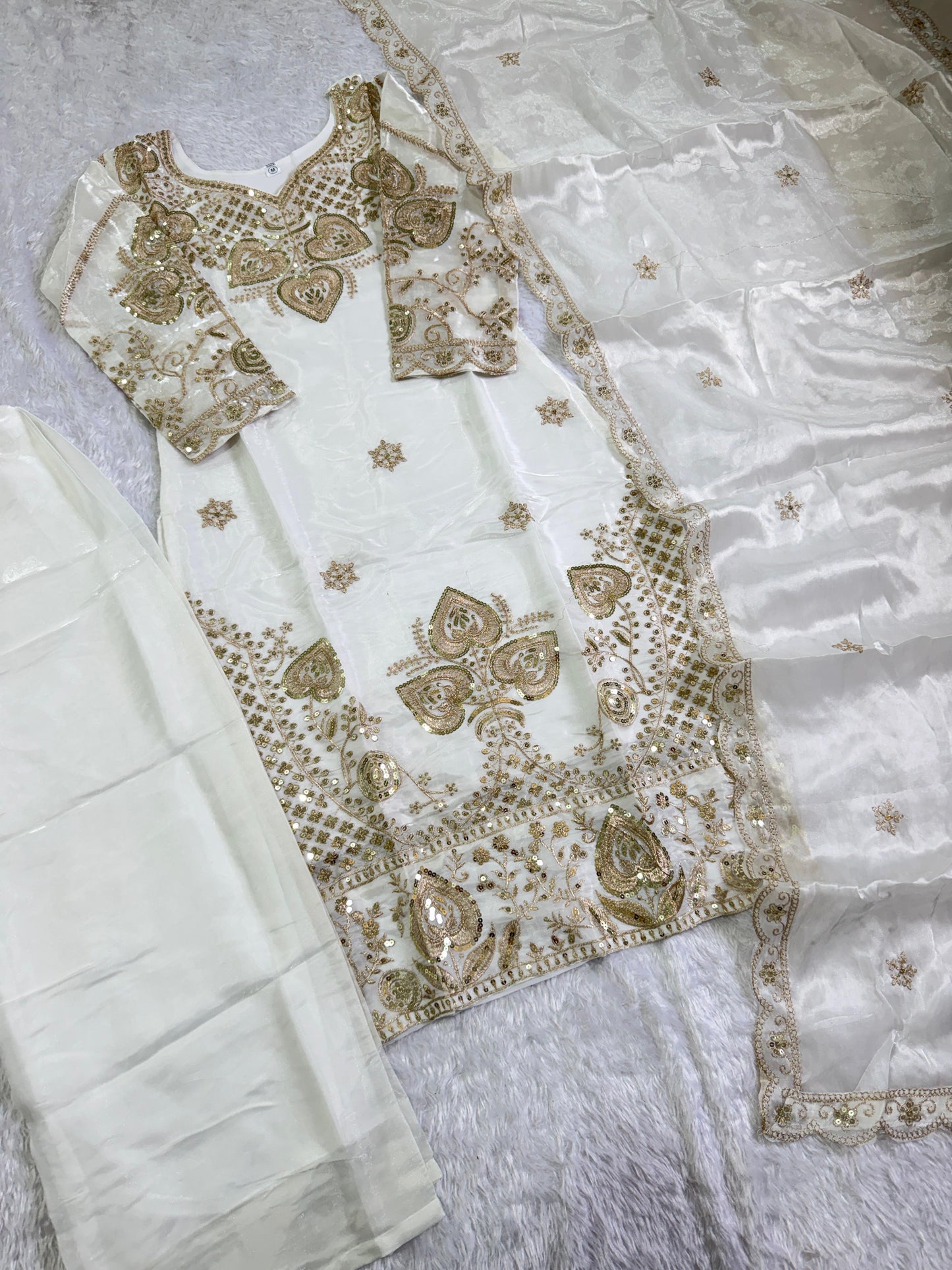 Elegant White Sequin Embroidered Silk Eid Special 3-Piece Set