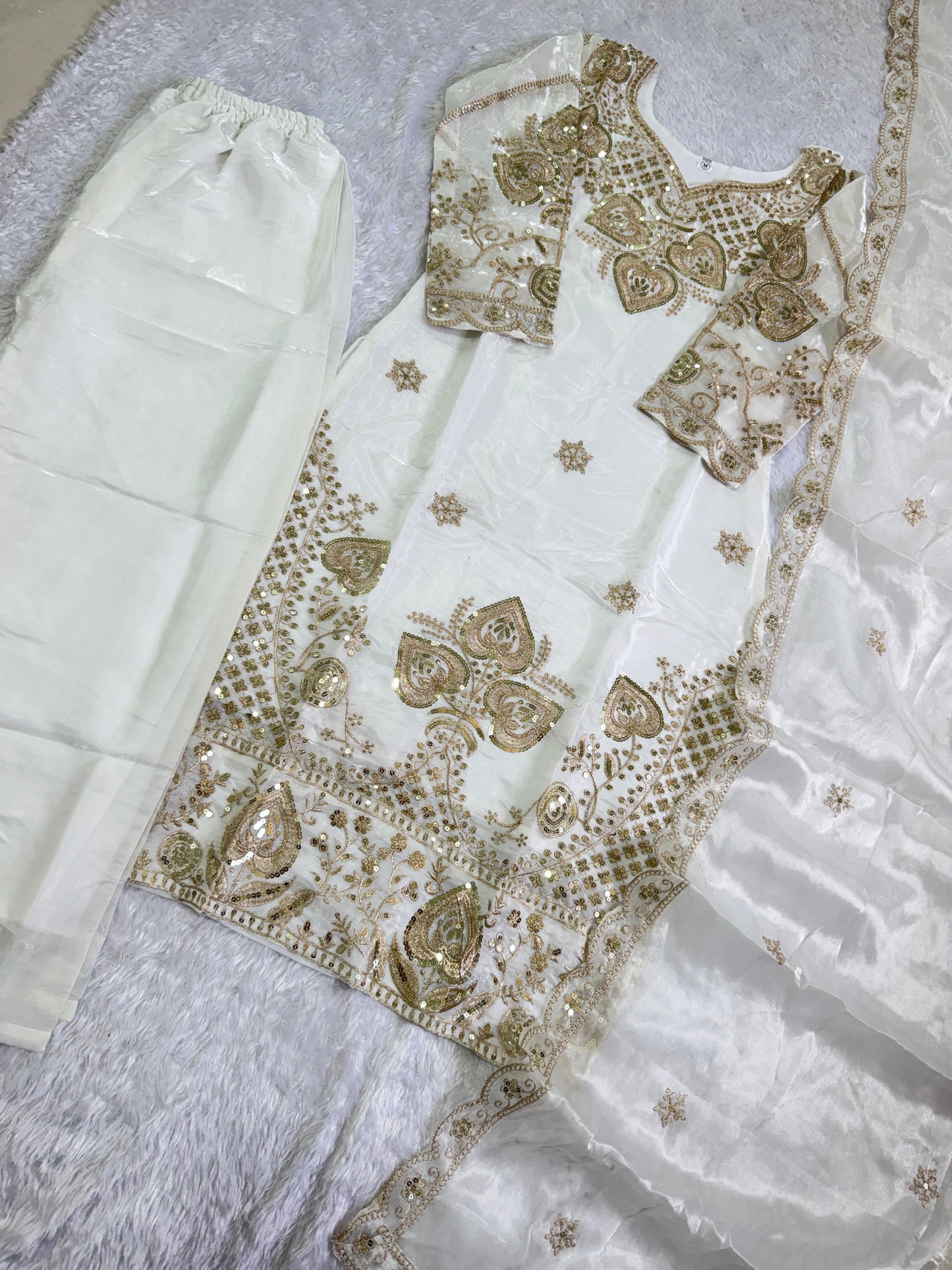 Elegant White Sequin Embroidered Silk Eid Special 3-Piece Set
