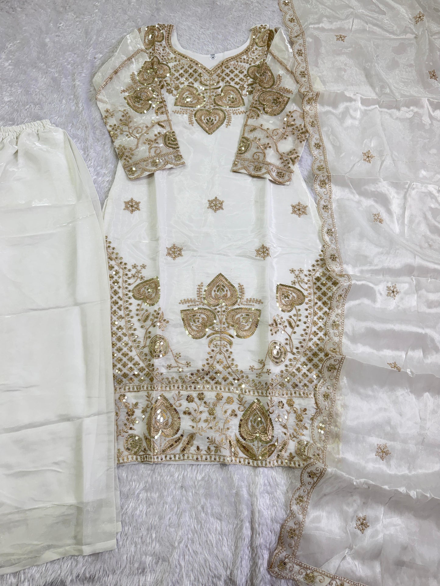 Elegant White Sequin Embroidered Silk Eid Special 3-Piece Set