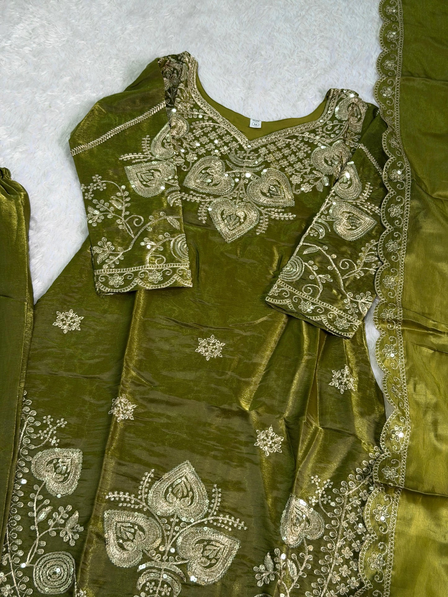 Elegant Olive Green Sequin Embroidered Silk Eid Special 3-Piece Set