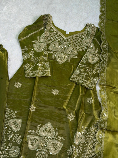 Elegant Olive Green Sequin Embroidered Silk Eid Special 3-Piece Set