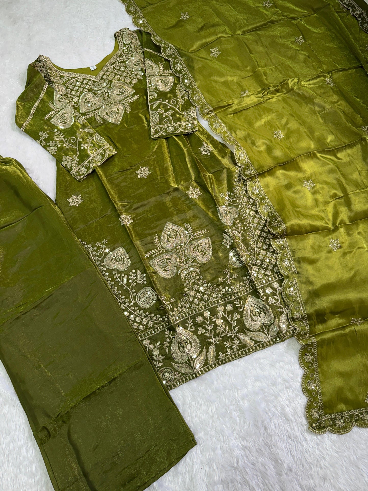 Elegant Olive Green Sequin Embroidered Silk Eid Special 3-Piece Set