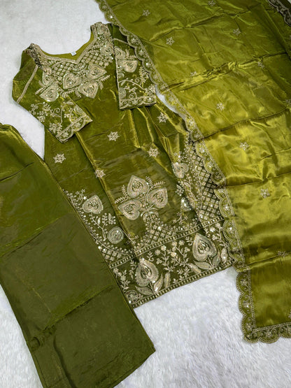 Elegant Olive Green Sequin Embroidered Silk Eid Special 3-Piece Set