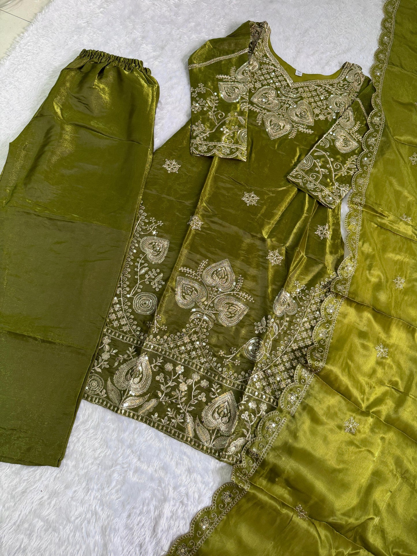 Elegant Olive Green Sequin Embroidered Silk Eid Special 3-Piece Set