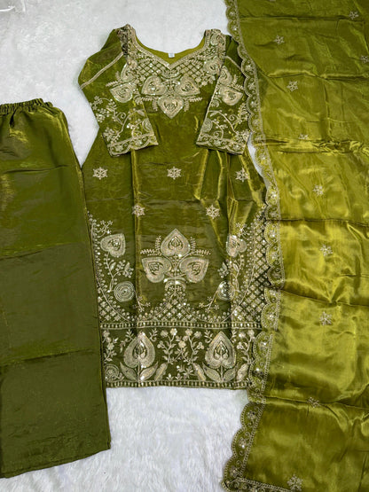 Elegant Olive Green Sequin Embroidered Silk Eid Special 3-Piece Set