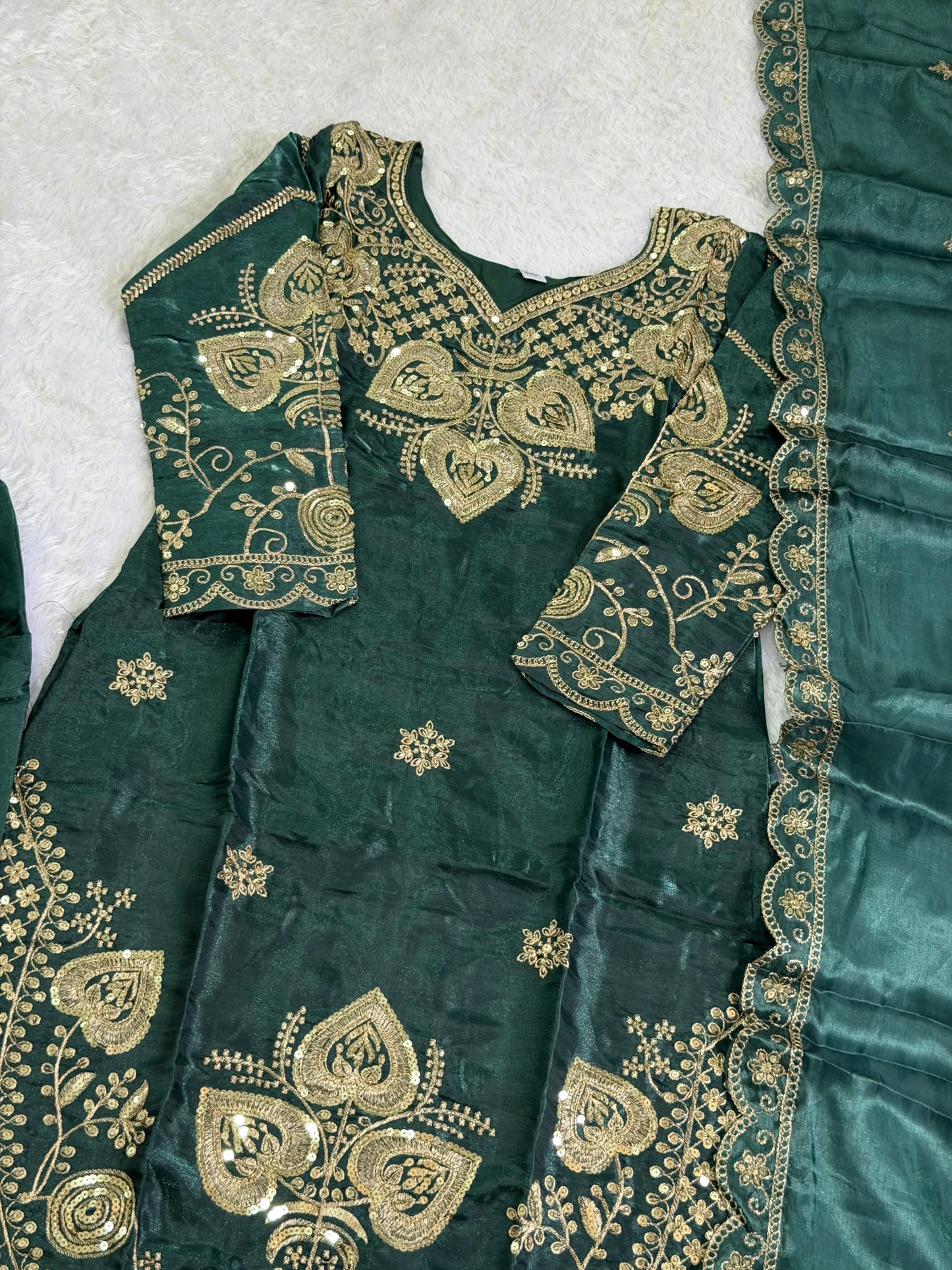 Elegant Dark Green Sequin Embroidered Silk Eid Special 3-Piece Set