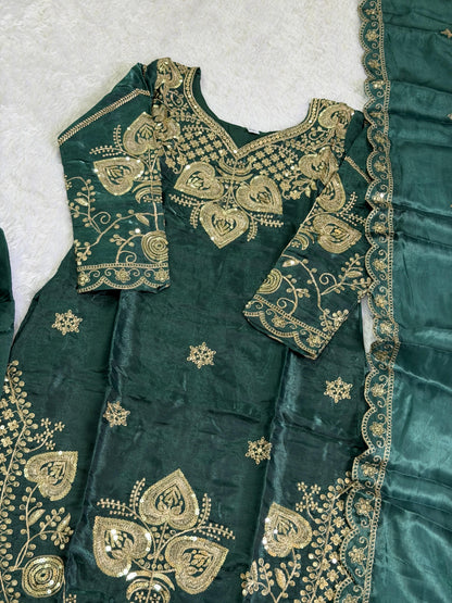 Elegant Dark Green Sequin Embroidered Silk Eid Special 3-Piece Set