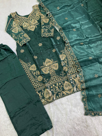 Elegant Dark Green Sequin Embroidered Silk Eid Special 3-Piece Set