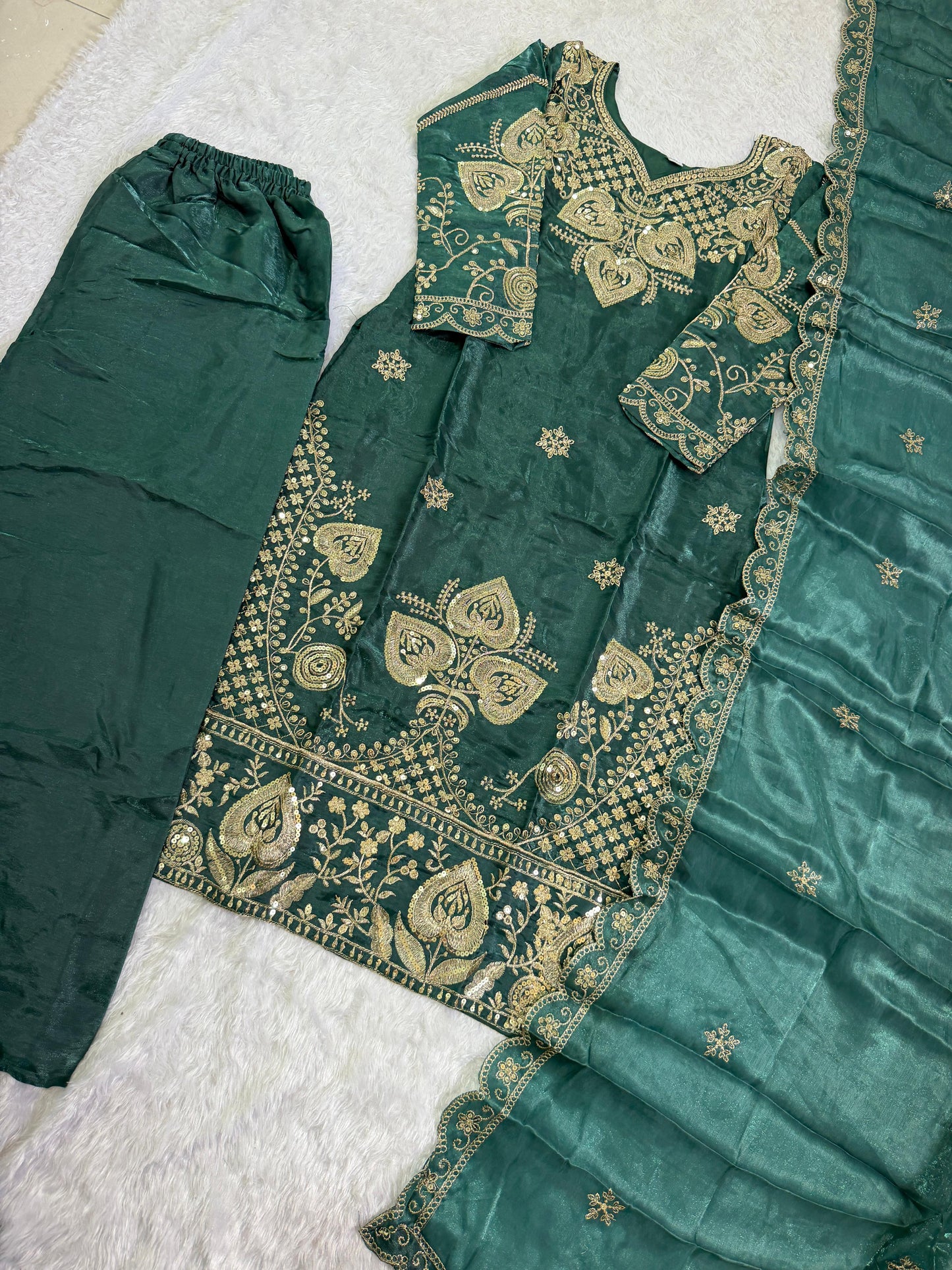 Elegant Dark Green Sequin Embroidered Silk Eid Special 3-Piece Set