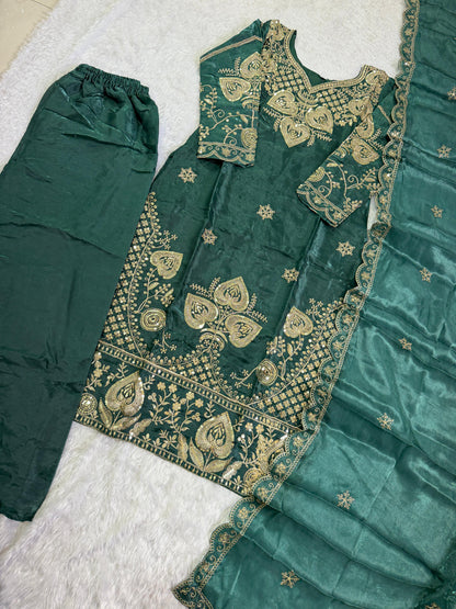 Elegant Dark Green Sequin Embroidered Silk Eid Special 3-Piece Set