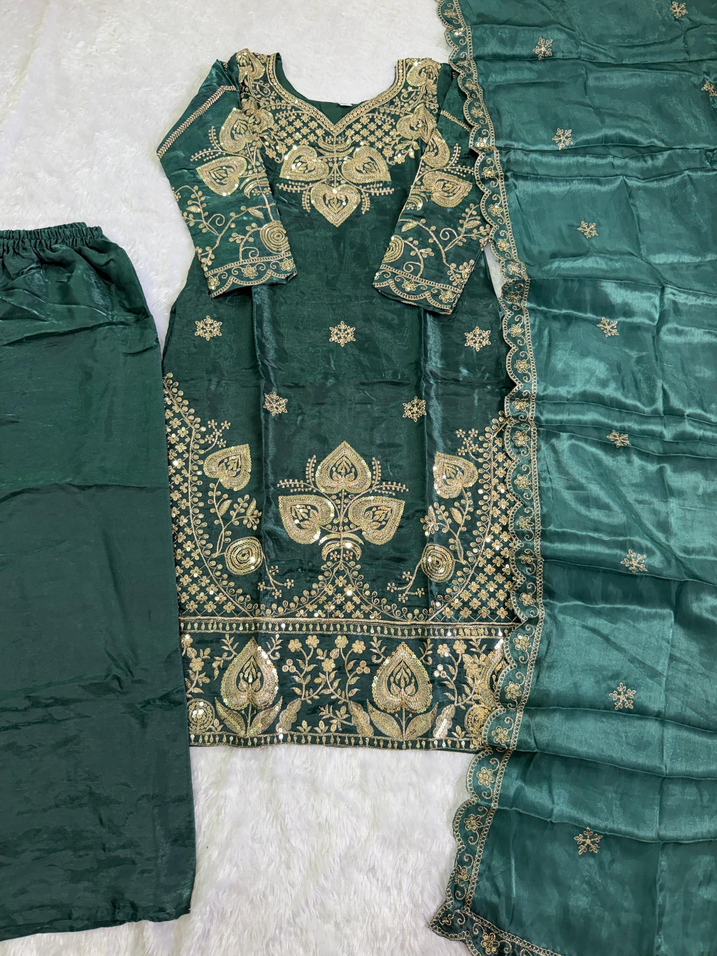 Elegant Dark Green Sequin Embroidered Silk Eid Special 3-Piece Set