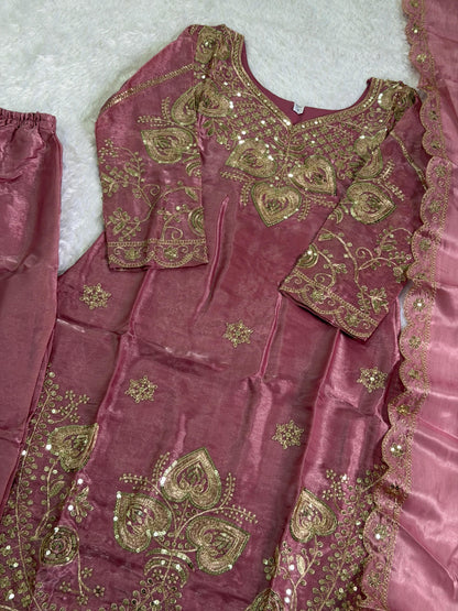Elegant Dusty Pink Sequin Embroidered Silk Eid Special 3-Piece Set
