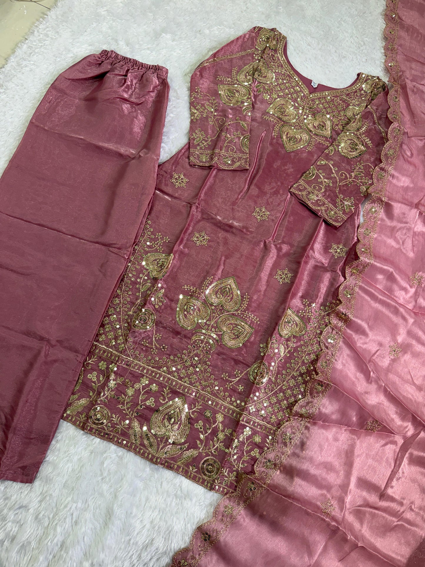 Elegant Dusty Pink Sequin Embroidered Silk Eid Special 3-Piece Set