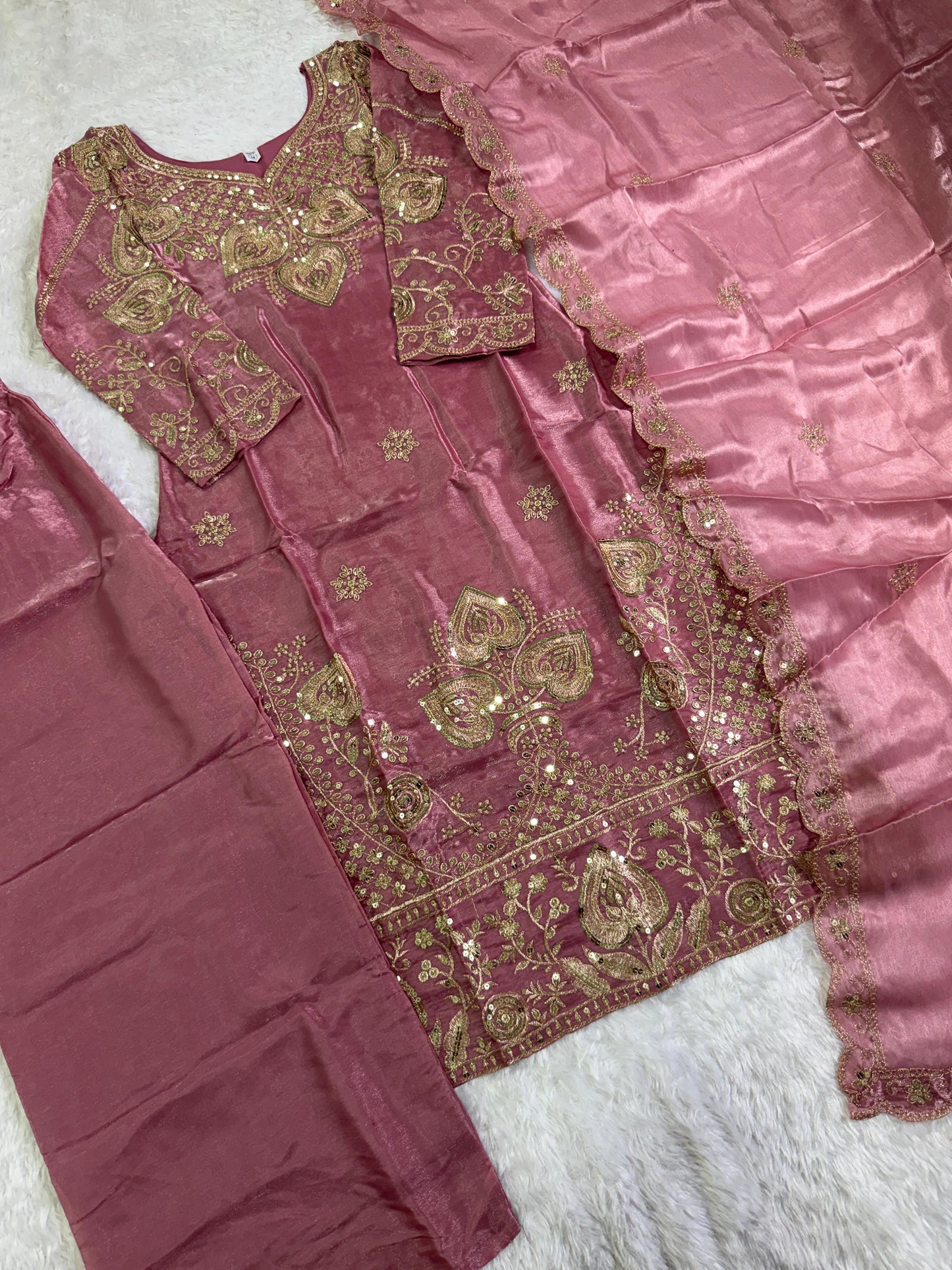 Elegant Dusty Pink Sequin Embroidered Silk Eid Special 3-Piece Set