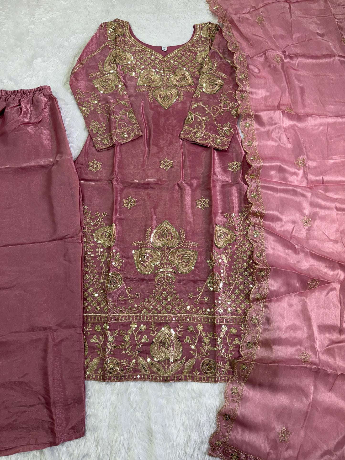 Elegant Dusty Pink Sequin Embroidered Silk Eid Special 3-Piece Set