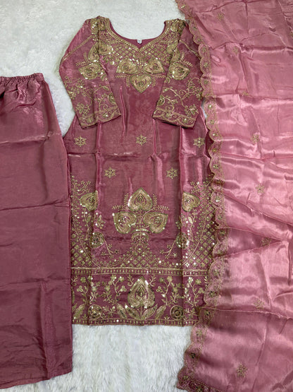 Elegant Dusty Pink Sequin Embroidered Silk Eid Special 3-Piece Set