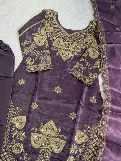 Elegant Purple Sequin Embroidered Silk Eid Special 3-Piece Set