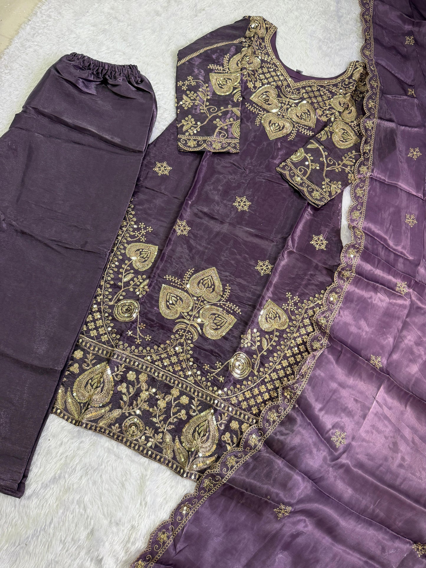 Elegant Purple Sequin Embroidered Silk Eid Special 3-Piece Set