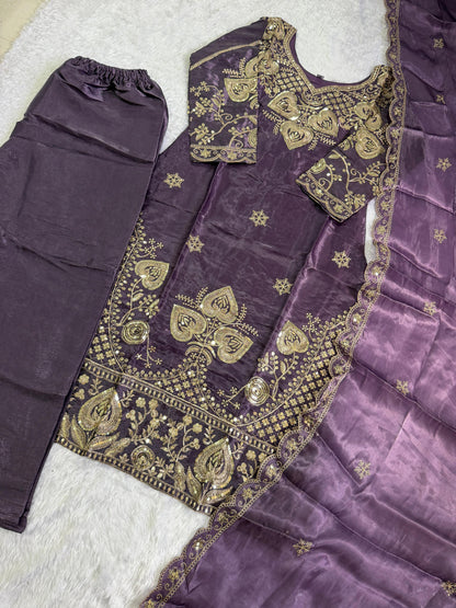 Elegant Purple Sequin Embroidered Silk Eid Special 3-Piece Set