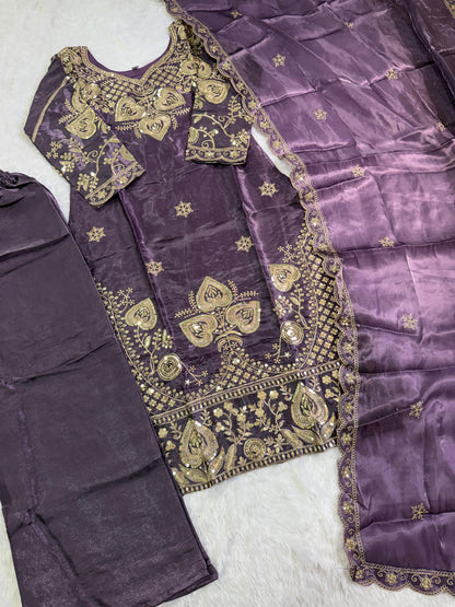 Elegant Purple Sequin Embroidered Silk Eid Special 3-Piece Set