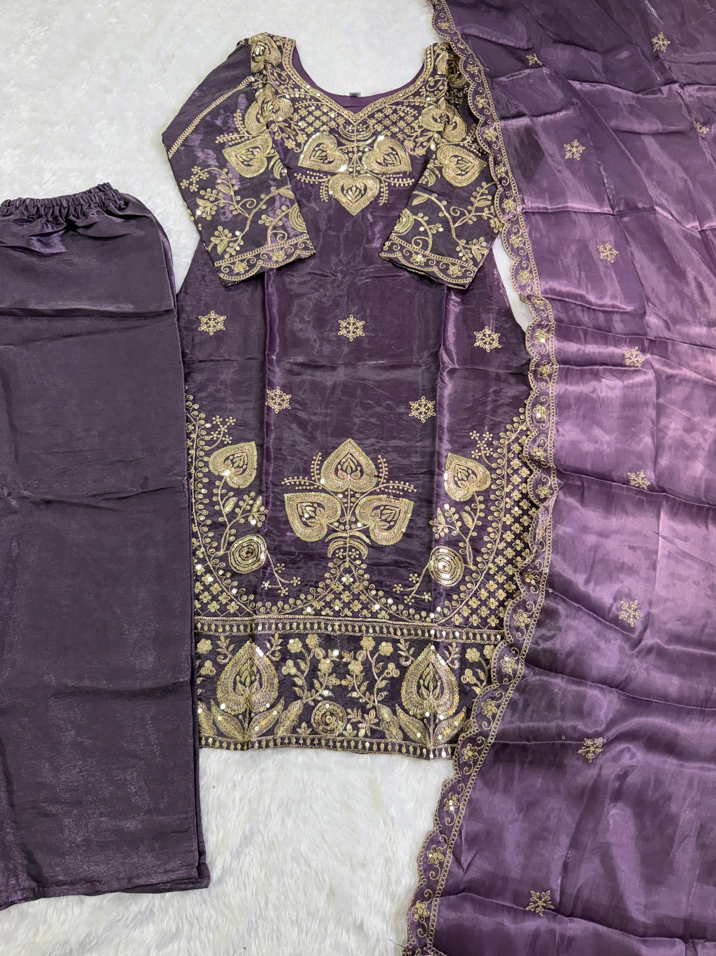 Elegant Purple Sequin Embroidered Silk Eid Special 3-Piece Set