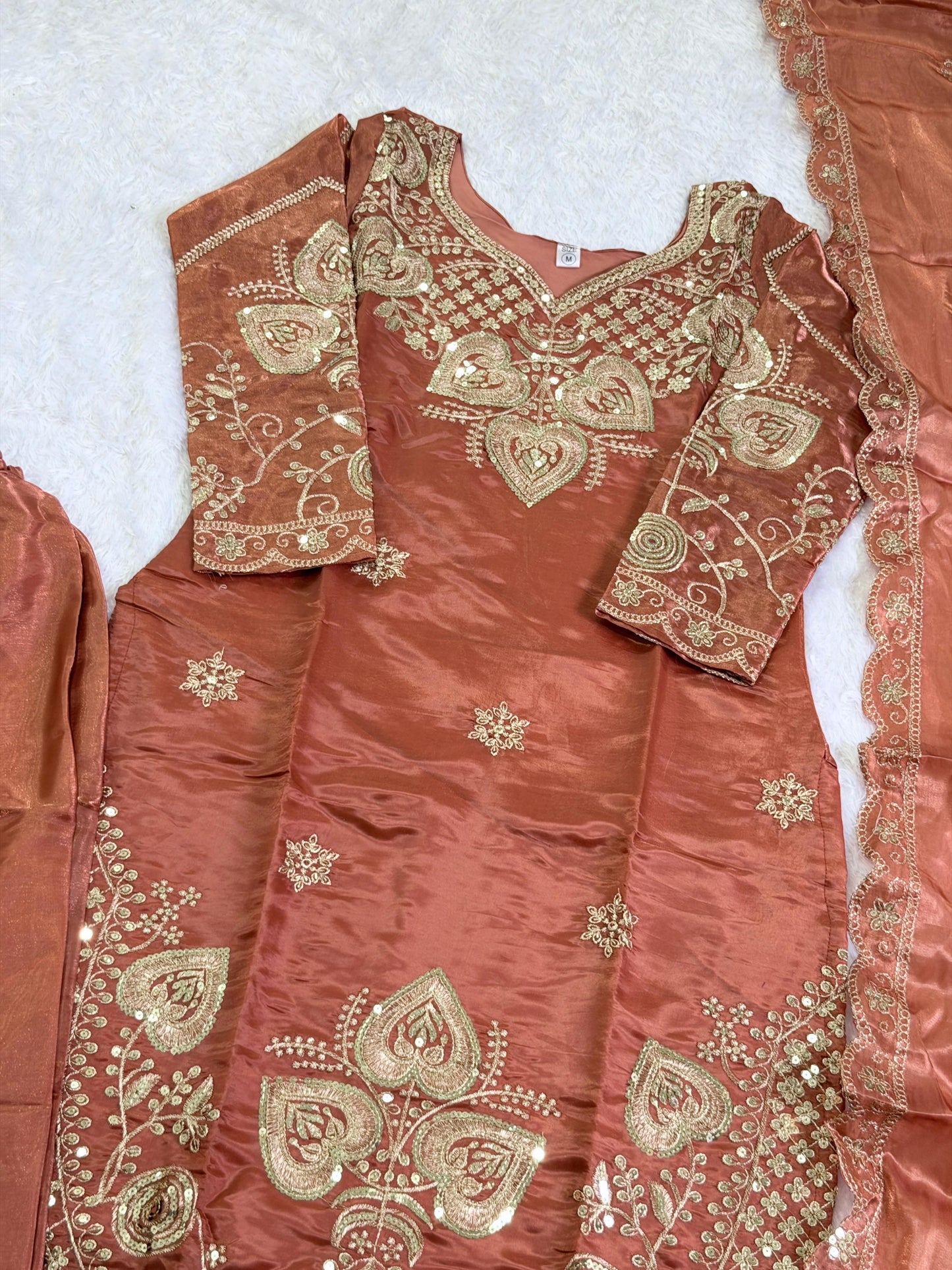 Elegant Burnt Orange Sequin Embroidered Silk Eid Special 3-Piece Set