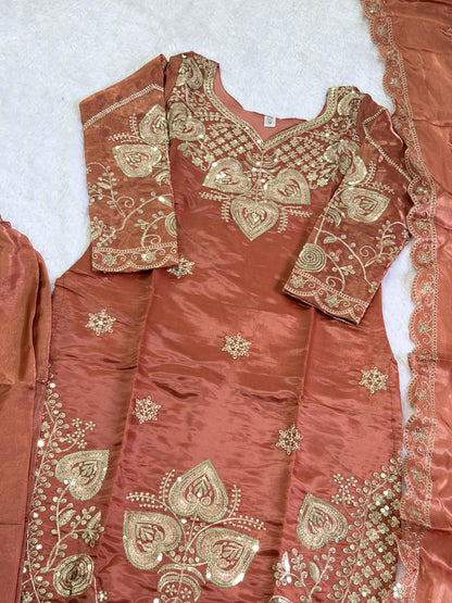 Elegant Burnt Orange Sequin Embroidered Silk Eid Special 3-Piece Set