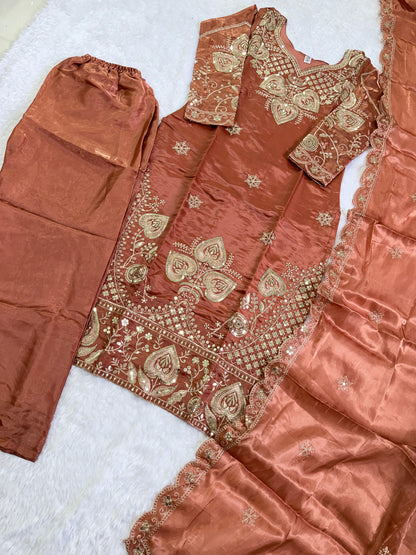 Elegant Burnt Orange Sequin Embroidered Silk Eid Special 3-Piece Set