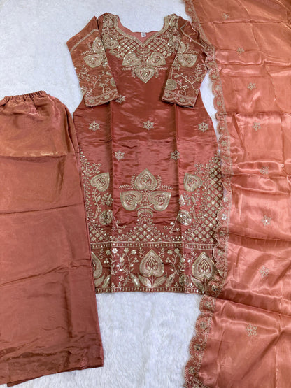 Elegant Burnt Orange Sequin Embroidered Silk Eid Special 3-Piece Set