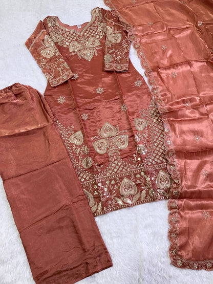 Elegant Burnt Orange Sequin Embroidered Silk Eid Special 3-Piece Set