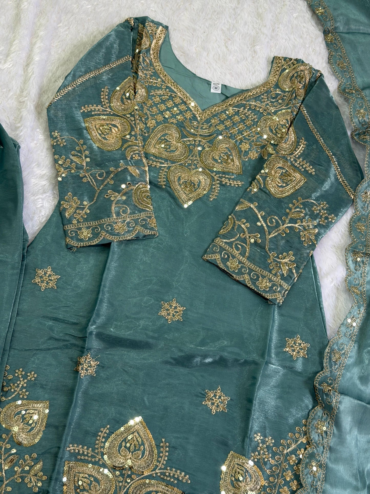 Elegant Teal Green Sequin Embroidered Silk Eid Special 3-Piece Set