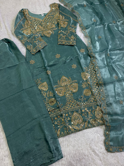 Elegant Teal Green Sequin Embroidered Silk Eid Special 3-Piece Set