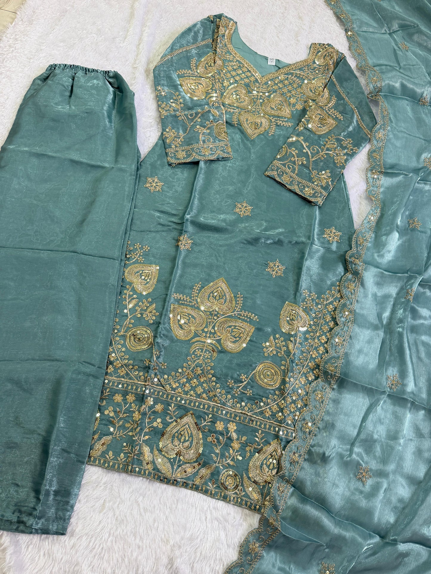 Elegant Teal Green Sequin Embroidered Silk Eid Special 3-Piece Set