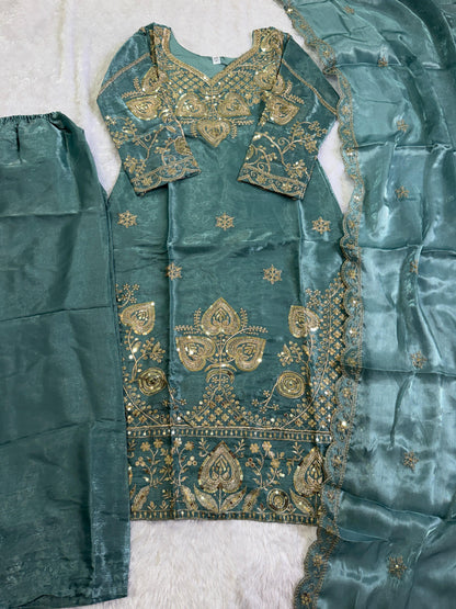 Elegant Teal Green Sequin Embroidered Silk Eid Special 3-Piece Set