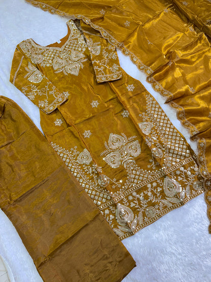 Elegant Mustard Sequin Embroidered Silk Eid Special 3-Piece Set