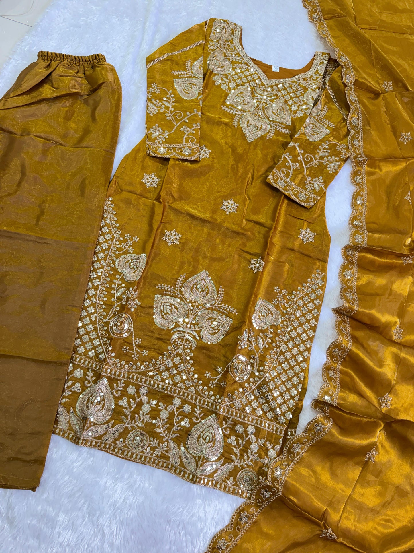 Elegant Mustard Sequin Embroidered Silk Eid Special 3-Piece Set
