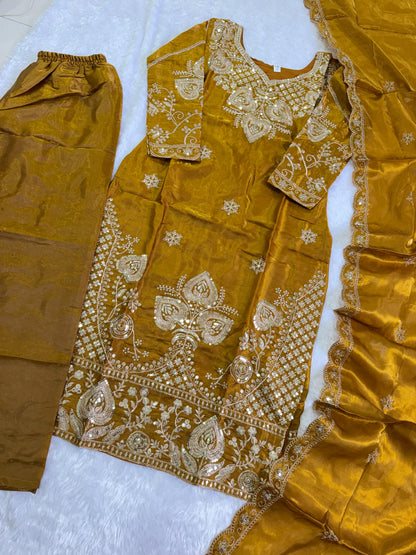 Elegant Mustard Sequin Embroidered Silk Eid Special 3-Piece Set