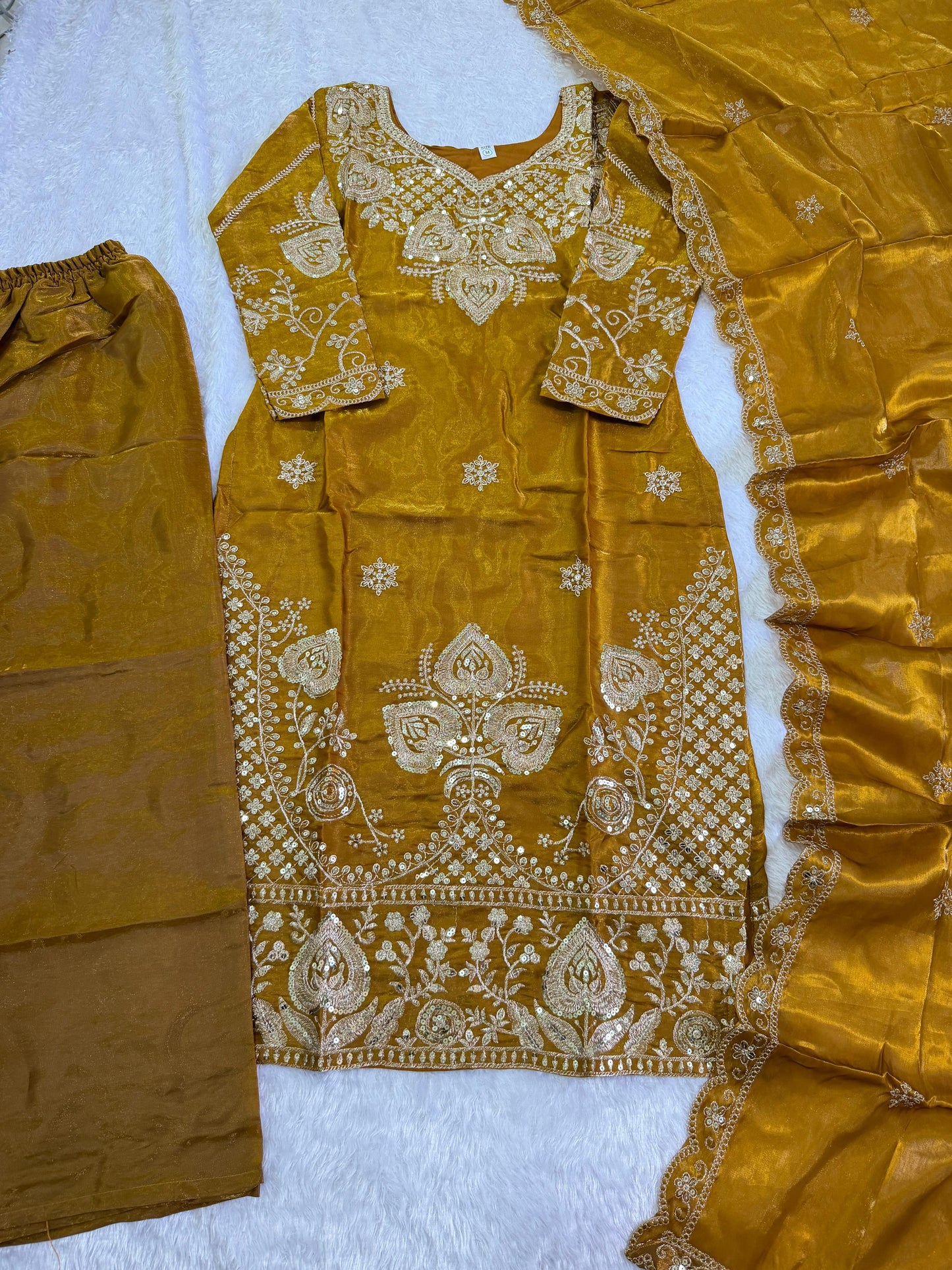 Elegant Mustard Sequin Embroidered Silk Eid Special 3-Piece Set