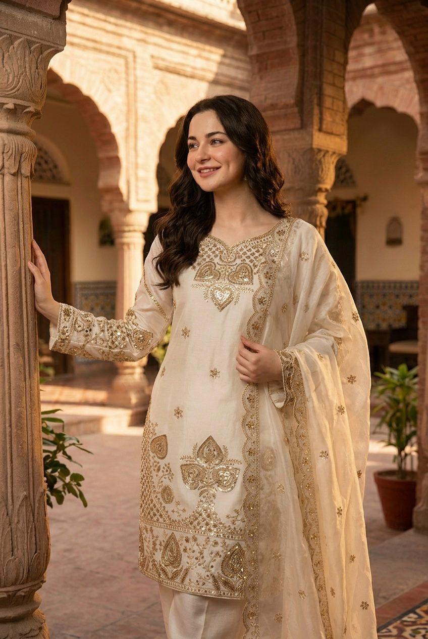 Elegant White Sequin Embroidered Silk Eid Special 3-Piece Set